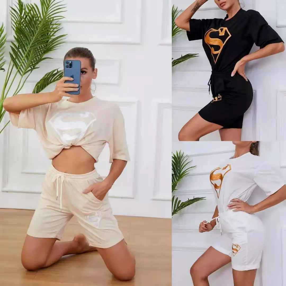 Description Picture 4 of itemSummer Women's Sets Casual Embroidered Pattern Short Sleeve Round Neck Loose T-shirt  Short Two Piece Suit