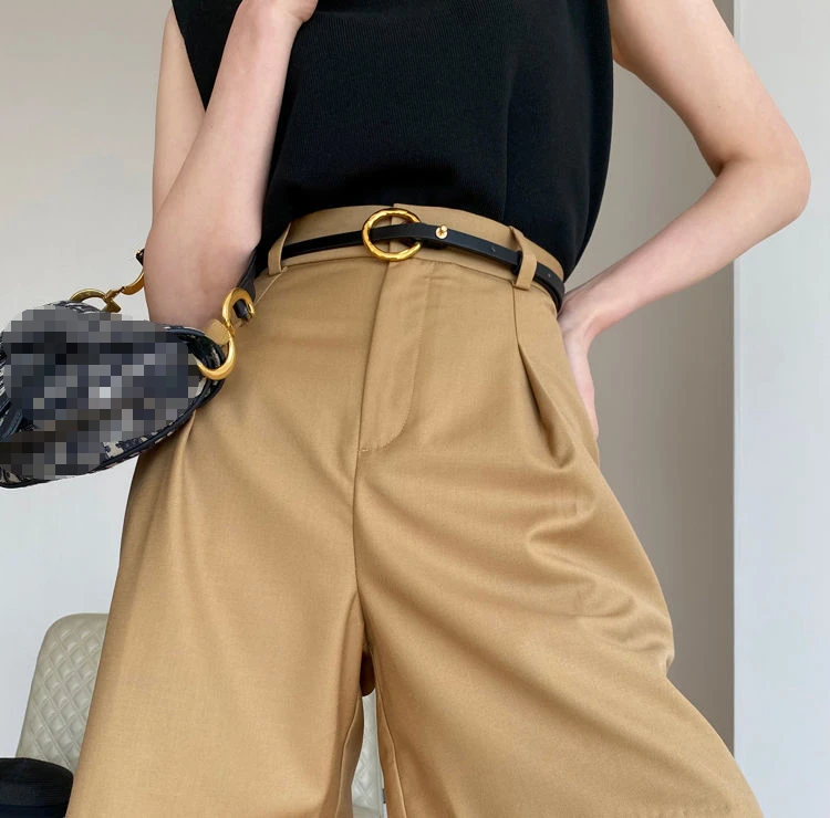 Description Picture 3 of itemSummer Bermuda Shorts for Women 2023 New Straight Knee Length Shorts with Belt High Waist Solid Color Khaki Black Women's Shorts
