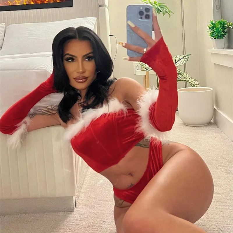 Description Picture 4 of itemWomen Christmas Erotic Lingerie Velvet Furry Sweetheart 3 Piece Set New Year Strapless Corset Sexy Briefs Long Sleeve Covers