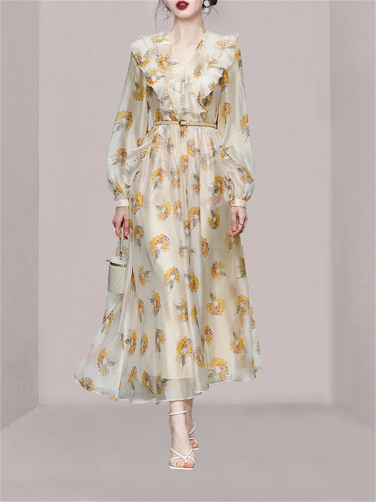 Description Picture 3 of itemFotvotee Print Midi Dress for Women 2023 New Korean Fashion V Neck Ruffle Vintage Dress Elegant Lantern Sleeve Elegant Dresses