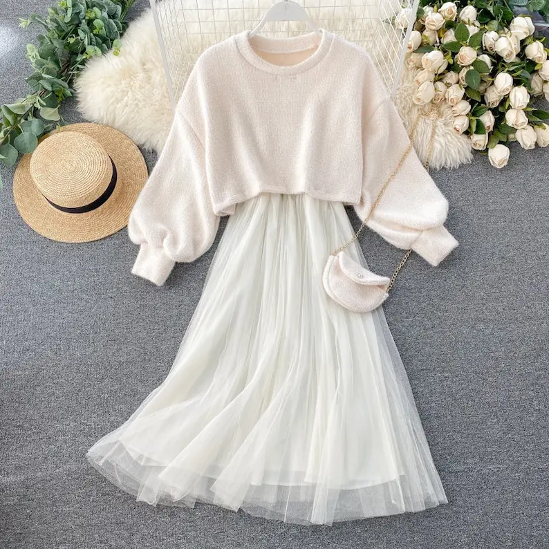 Description Picture 2 of itemWomen Dress Autumn Pullover Long Y2k Harajuku Casual with Lace Decoration Knitted Warm Long Sleeve Elegant Chiffon Dress Bodycon