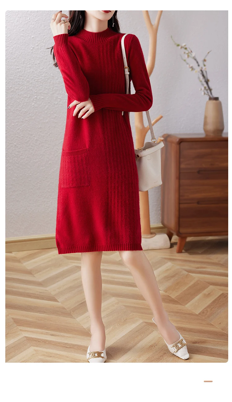 Description Picture 6 of itemRONGYI 100% Merino Wool Hot Sale Cashmere Knitted Dress for Women Winter Autumn Mock Turtleneck Female Dresses Long Style Jumper