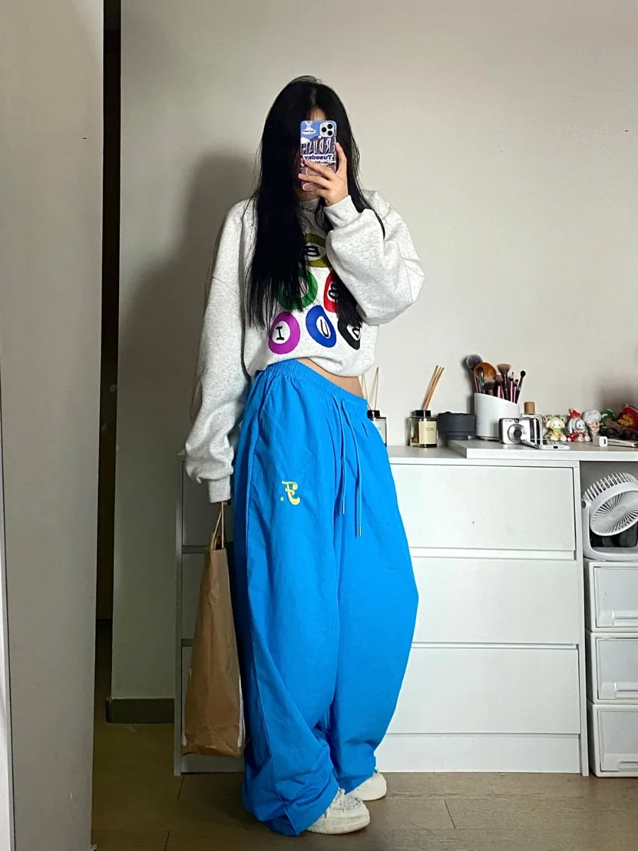Description Picture 4 of itemQWEEK Korean Fashion Solid Track Pants Women Y2K Kpop Quick Dry Sweatpants Oversize Harajuku Streetwear Hip Hop Wide Leg Joggers