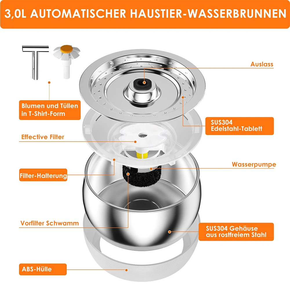 3L Auto Stainless Steel Cat Fountain 102 oz Pet Water Dispenser Filter with Faucet Automatic Water Feeder for Cats Dogs Rabbits