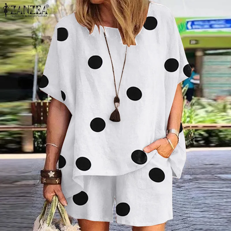 Description Picture 3 of itemO-Neck Short Sleeve Polka Dots Printed Blouse ZANZEA Summer Women Matching Sets Fashion Casual Holiday Elastic Pant Tracksuits