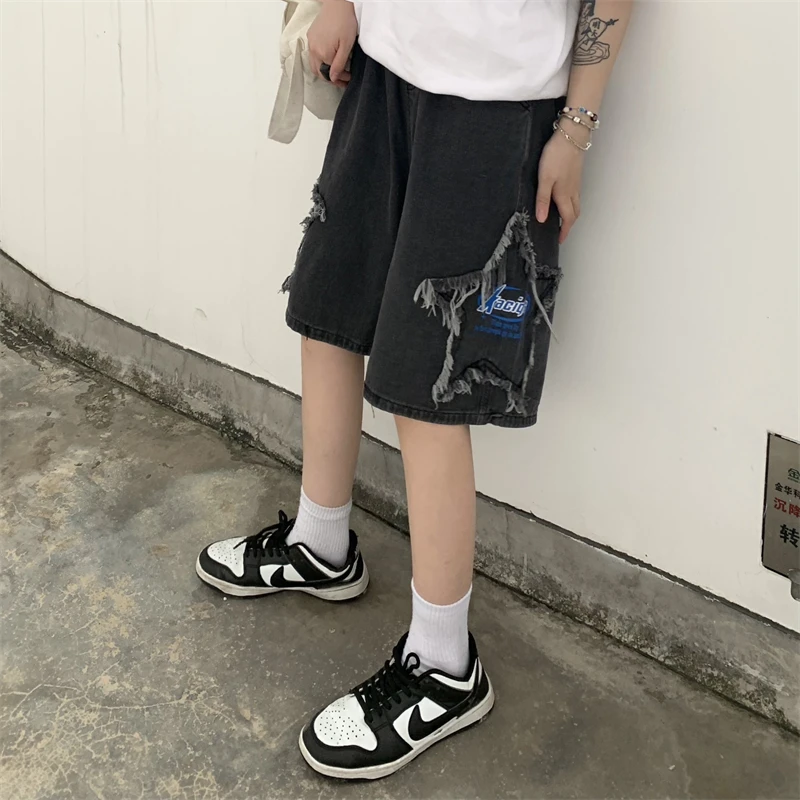 Description Picture 3 of itemHigh Street Womens Denim Shorts Summer Loose Appliques Five-pointed Star Y2K Jean Shorts Womens Streetwear