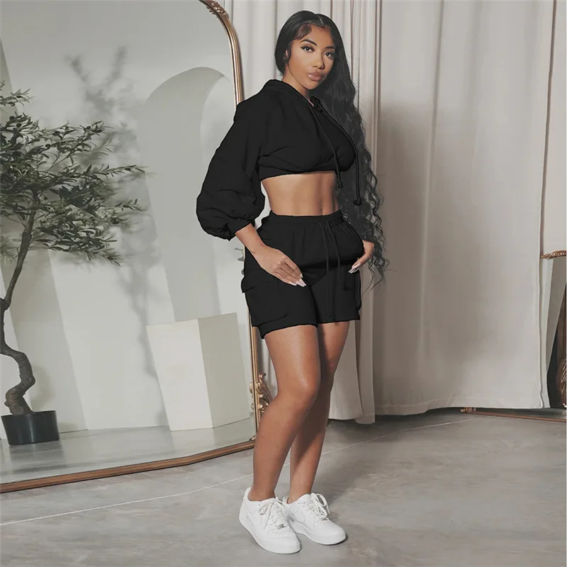 Description Picture 4 of itemCasual Solid Color Hooded Sweatshirt High Waist Hot Shorts Tracksuit Women Fitness Running Solid Pullover Hoodies Top Crop Pant