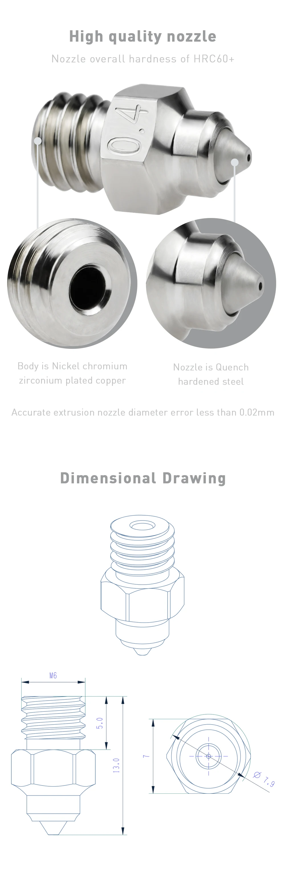 Description Picture 6 of itemMK8 Bimetallic MY Nozzle For Ender3/V2 CR10 Ender5 Hotend 1.75MM Filament MK8 J-head hotend Nozzle M6 Thread