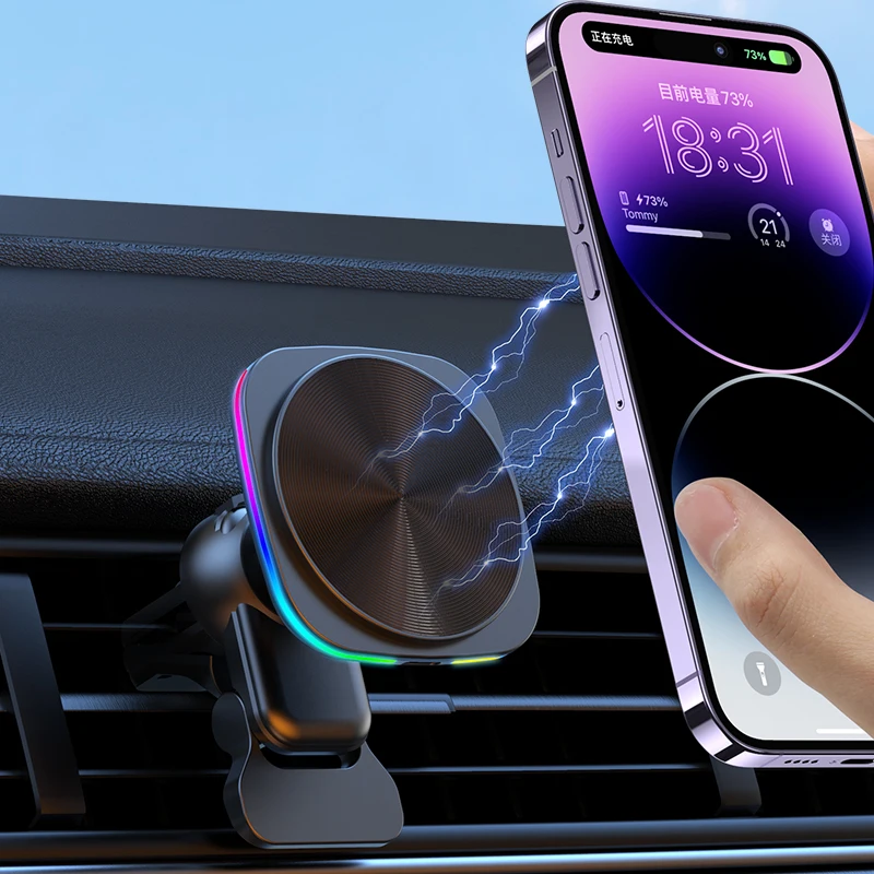 30W Magnetic Car Wireless Charger RGB LED Light Air Vent Phone Holder Macsafe For iphone 14 13 12 Pro Max Fast Charging Station