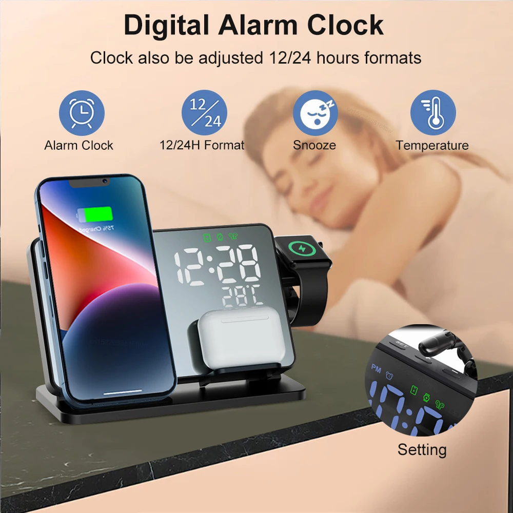 Description Picture 5 of item3 in 1 Wireless Charger For iPhone 14 13 12 Pro Max Fast Charging  Station For Apple Watch 8 7 Chargers Stand With Alarm Clock