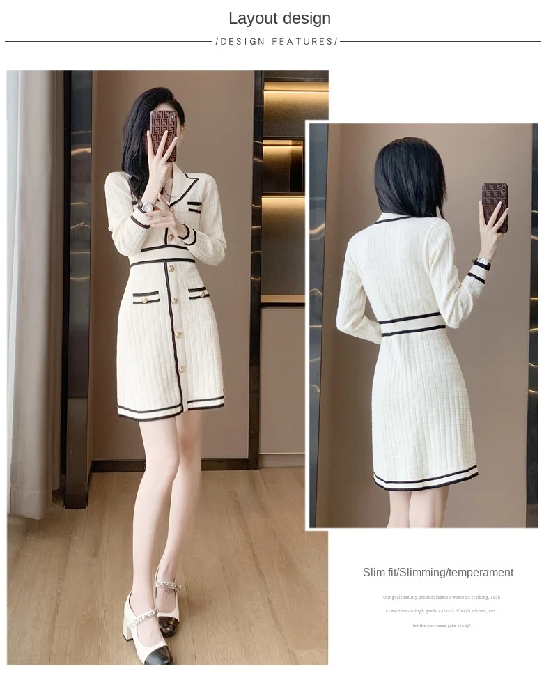 Description Picture 4 of itemWhite Dress Little Fragrance Temperament Celebrity Waist A Sweater Knitted Contrast Color Long Sleeve Slim Fit V-Neck Dress