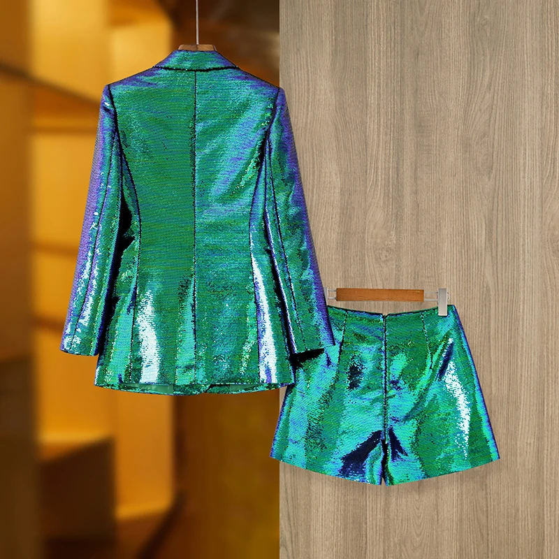 Description Picture 4 of itemEye-catching Occasion Wearing Women Clothing Shining Bling Gradient Color Dark Green Sequins 2PCS Blazers Shorts Sets