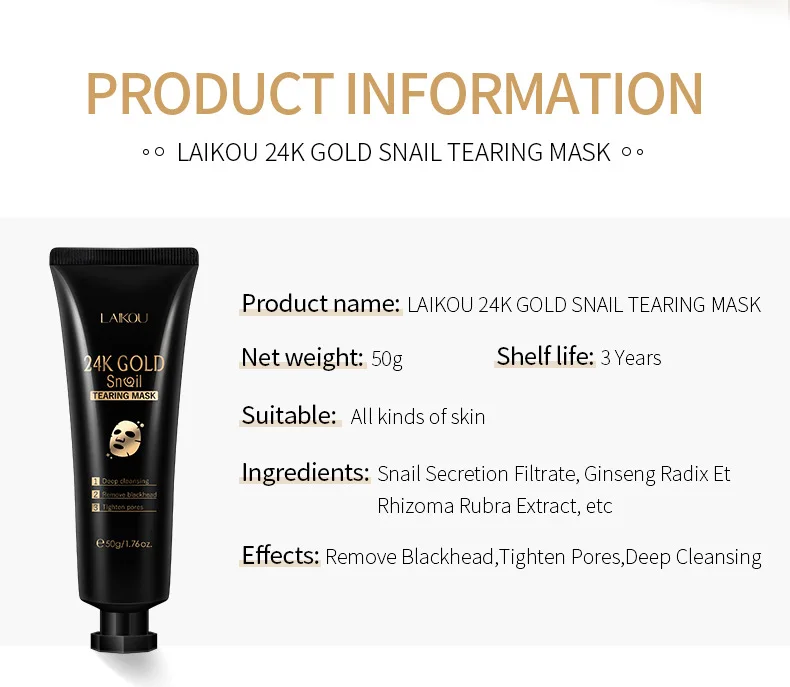 Description Picture 3 of item24K Gold Snail Collagen Peel Off Mask Remove Blackheads Acne Anti-Wrinkle Lifting Firming Oil-Control Shrink Pores Face Skin Car