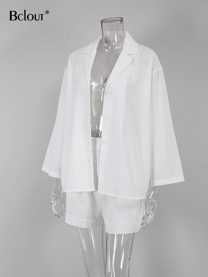 Description Picture 6 of itemBclout Summer White Linen Shorts Suits Women 2022 Long Sleeve Loose Top Casual Cotton Wide Leg Shorts Set 2 Pieces Outfits Women