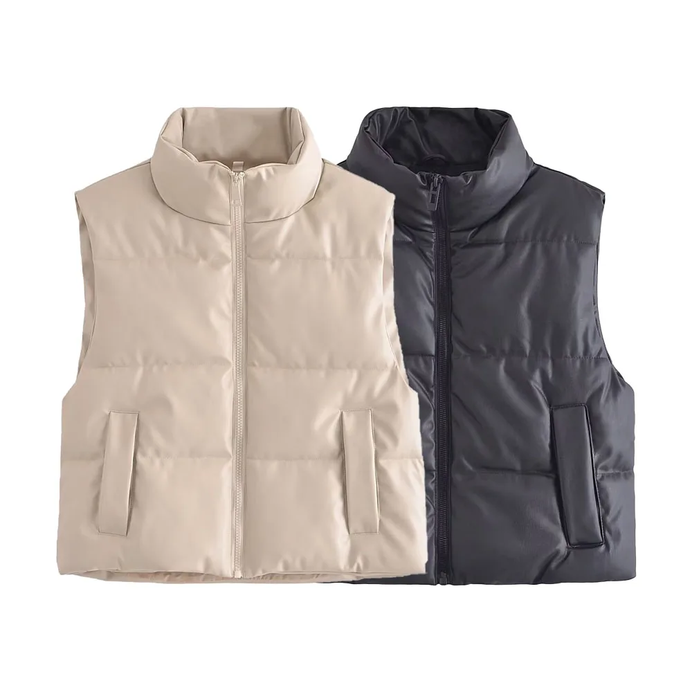 UNIZERA 2023 Autumn/Winter New Product Women's Fashion Casual PU Faux Leather Standing Collar Sleeveless Cotton Coat Vest Vest
