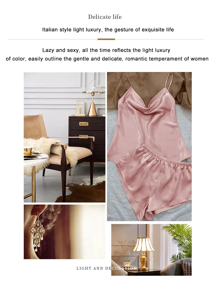 Description Picture 3 of item3 Pcs Set Women Pajama Sets Fashion Soild Suspenders and Shorts With Hanging Bag Home Wear Set Sexy Suspenders