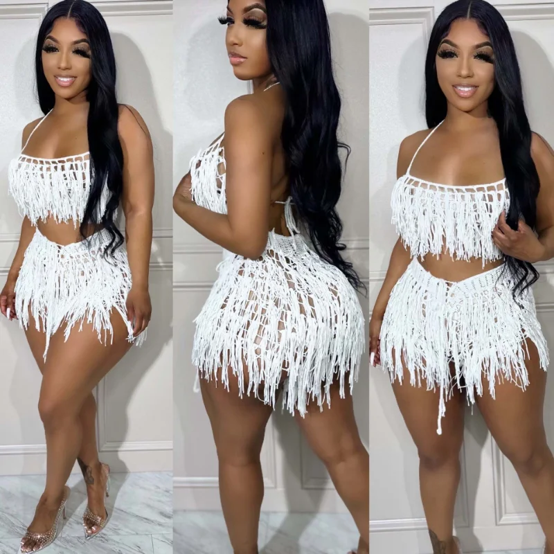 Description Picture 3 of itemANJAMANOR Sexy See Through Knit Crochet Fringed Short Sets Beach Vacation Summer Outfits for Women 2023 Two Piece Set D0-DG25