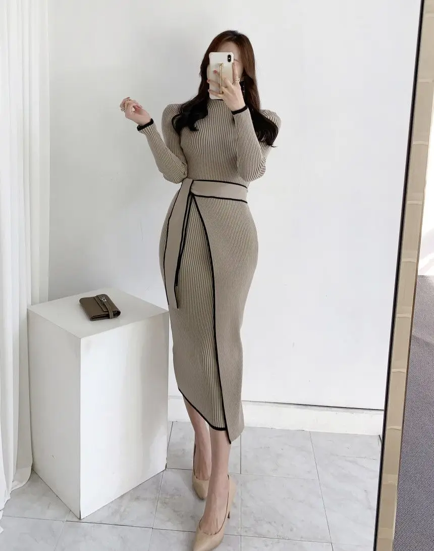 Description Picture 3 of itemWomen's Autumn and Winter Retro Small Style Half High Neck Slim Fit Temperament Colored Mid length Strap Knitted Dress for
