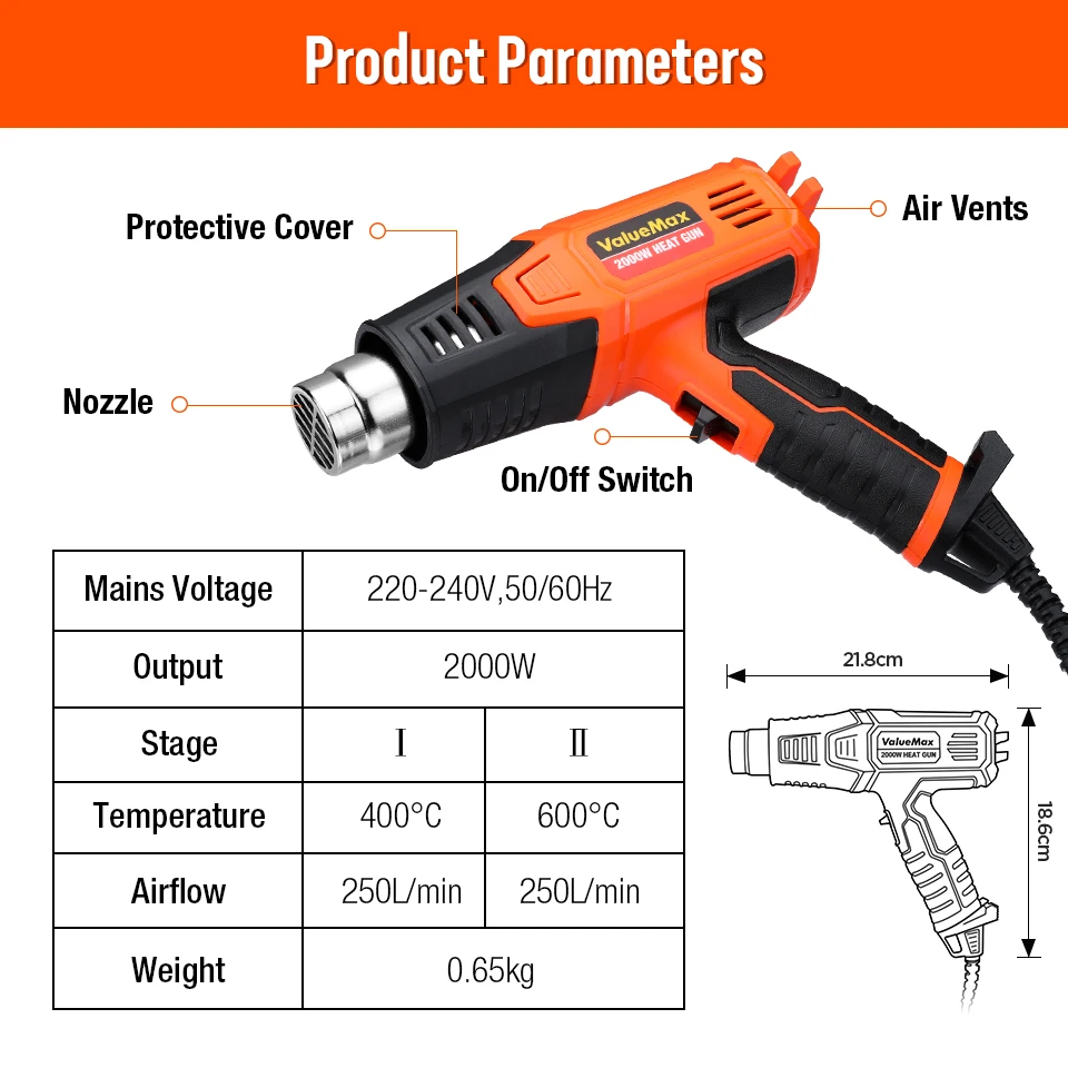 Description Picture 4 of itemValueMax 2000W Heat Gun EU Plug Hot Air Gun Temperatures Adjustable With Four Nozzles Electric Heat Gun Heat Shrink Hair Dryer