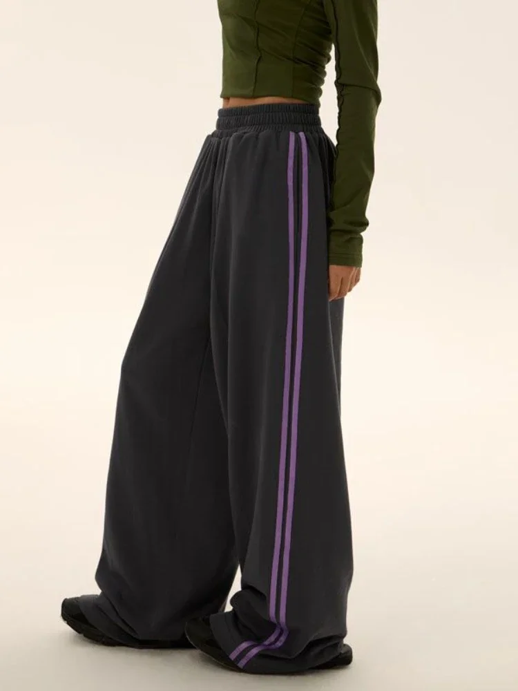 HOUZHOU Vintage Striped Sports Pants for Women Oversized Wide Leg Sweatpants Harajuku Hip Hop Baggy Streetwear Korean Fashion