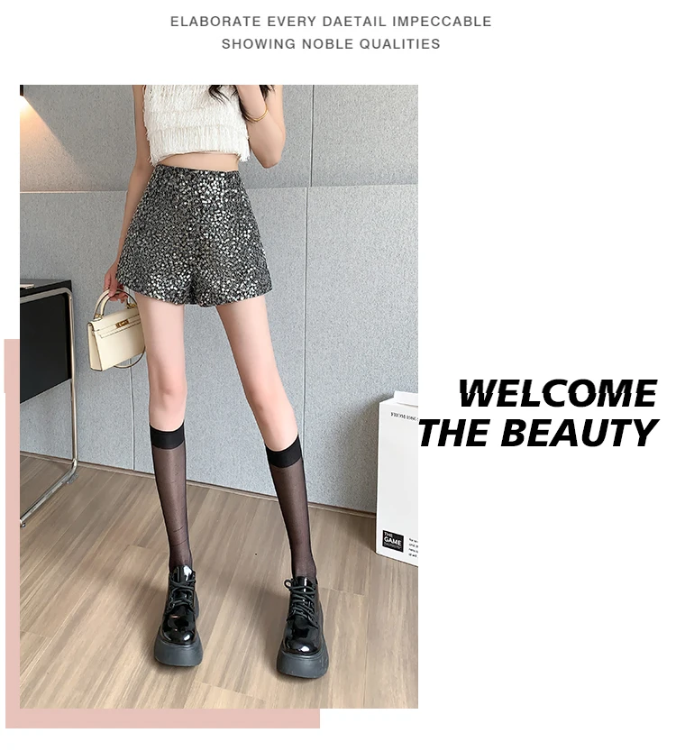 Description Picture 6 of itemFashion Harajuku Y2k A Line Zipper Up Korean Summer Sequin Hot Shorts Women 2023 New Design Sense High Waist Short Pants Female
