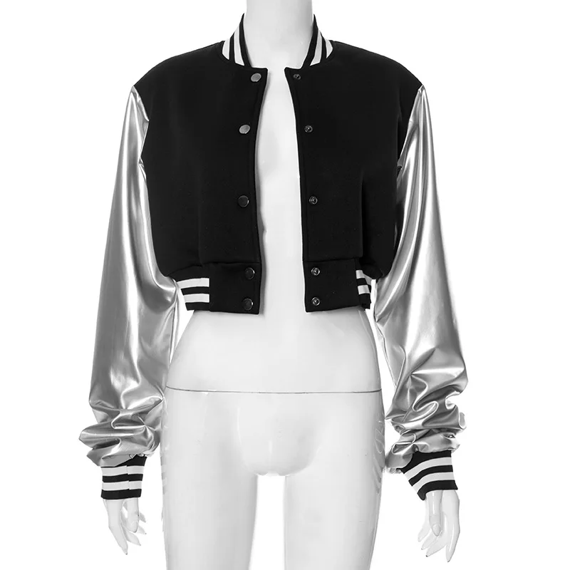 Description Picture 5 of itemAutumn Winter Letter Print Button Baseball Jackets for Women Patchwork PU Leather Crop Coat Long Sleeve Varsity Bomber Jacket