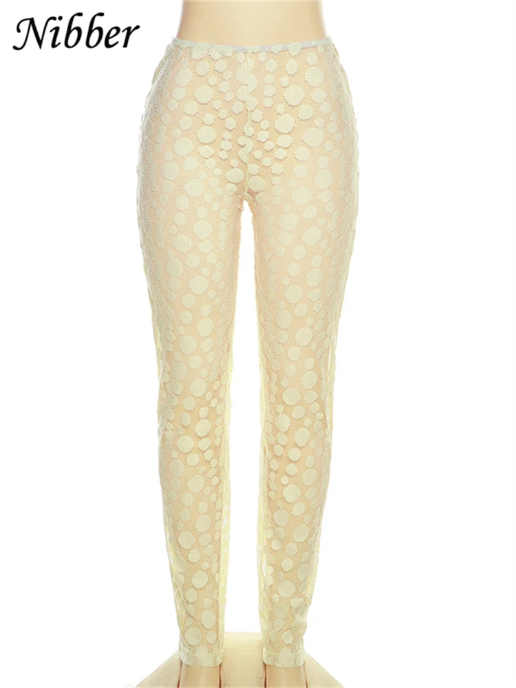 Description Picture 3 of itemNibber Embroidered Mesh Dots Leggings Women See Through Mid-waist Stretch Pants Skinny Ladies Trousers Elastic Streetwear Bottom