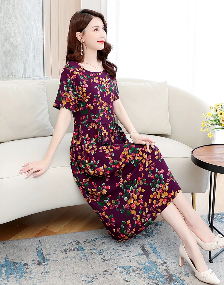 Description Picture 6 of itemNew 2023 Casual Print Fowers Summer Dresses For Women Cotton Vintage Dress O-neck Vestidos Plus Size Short Sleeve Women Clothing