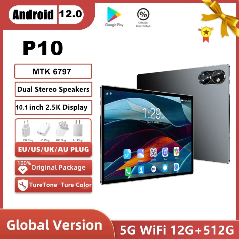 World Premiere 2023 P10 Pad 10.1 Inch Tablet Pc Deca Core 12GB RAM 512GB ROM High Speed Tablets Android 12.0 Google 4G LTE Phone