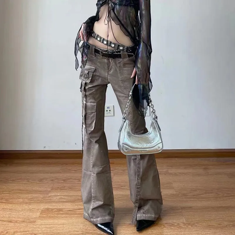 Karrram Grunge Low Waist Flare Pants Vintage Distressed Cargo Pant Wasteland Punk Bell Bottom Jeans American Retro Trouser Y2k