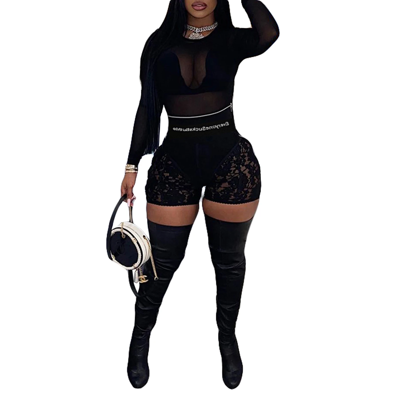 Description Picture 3 of itemNew Fashion Womenu2019s Sexy Lace Shorts Summer High Waist Letter Print Zip Up Skinny Short Leggings for Ladies