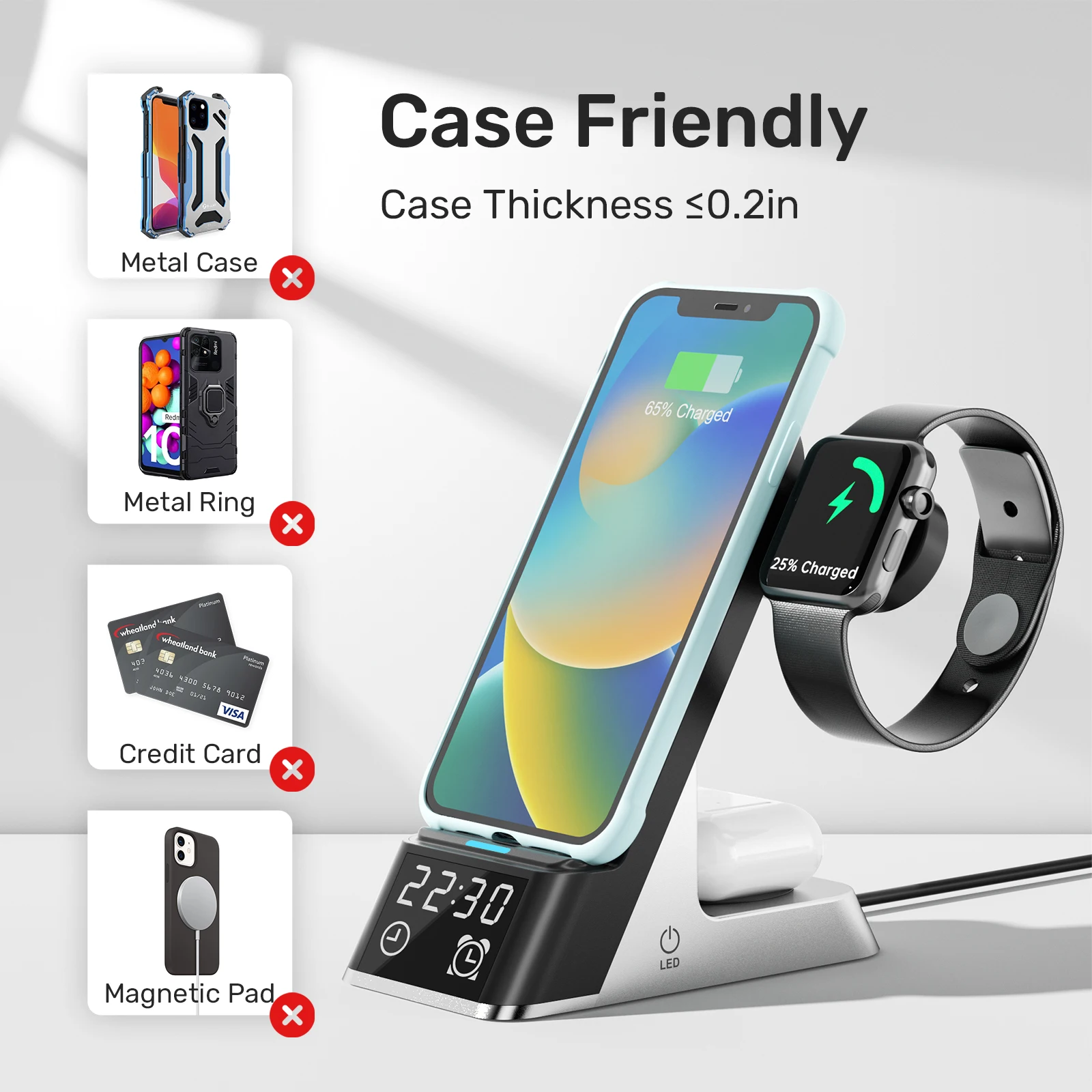 Description Picture 4 of itemUnitek Wireless Charging Station with Alarm Clock Qi Certified Fast Wireless Charger Stand for iPhone 14 13 12 11 iWatch AirPods