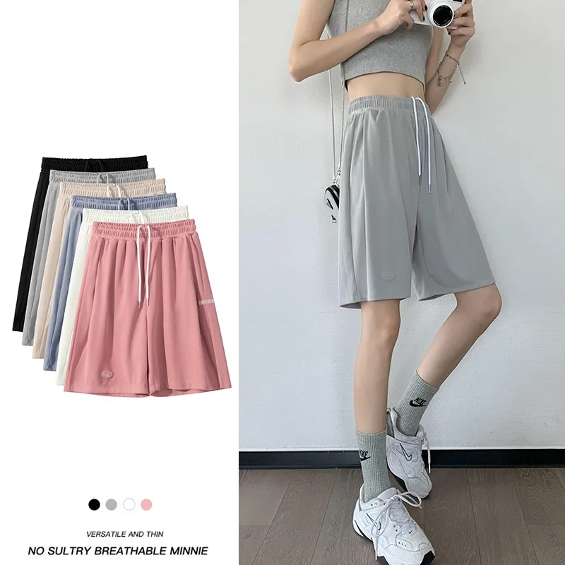 SAYTHEN Women's Summer Thin Loose High Waist Ice Silk Sports Shorts 2023 New Straight Slender Casual Wide Leg Capris Pants