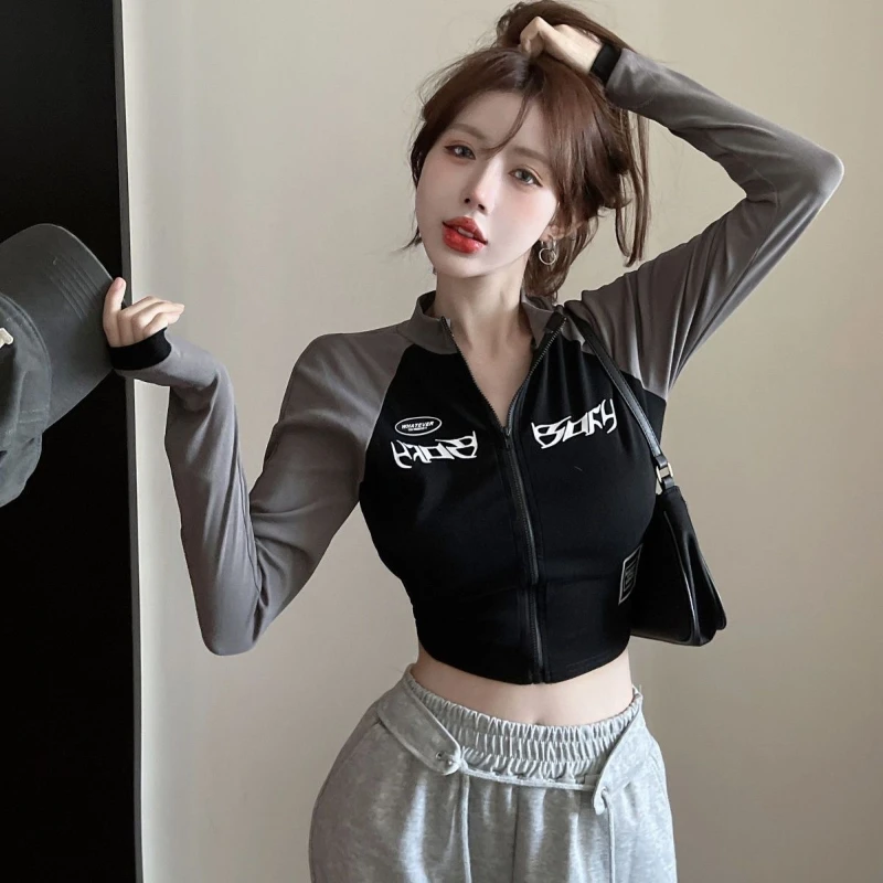 Description Picture 4 of itemY2K Long Sleeve Jackets Women Vintage Slim Streetwear Spliced Zipper Short Coats Korean Sport Cropped Coat Sunscreen Clothing