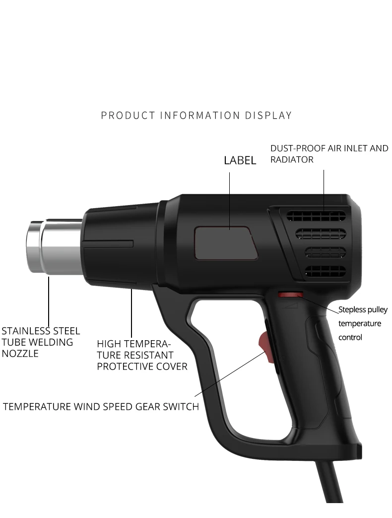 Black Color 220V eu Hot Air Gun Professional Electric Adjustable Temperature-controlled Building Hair dryer Soldering Heat gun