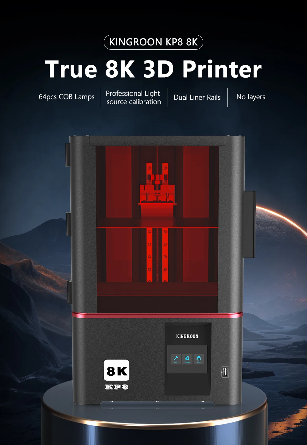 Description Picture 2 of itemKINGROON New KP8 8K UV Resin 3D Printer  Photocuring High-Speed 3D Printing 10.3‘’ 8K Monochrome LCD Printing Size 228*128*200mm