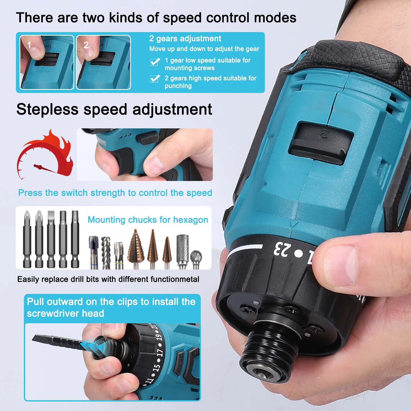 Description Picture 5 of item18V Lithium Screwdriver 45Nm Torque Adjustable 2 Speed Control Brushless Motor Impact Electric Screw Driver For Home Appliances