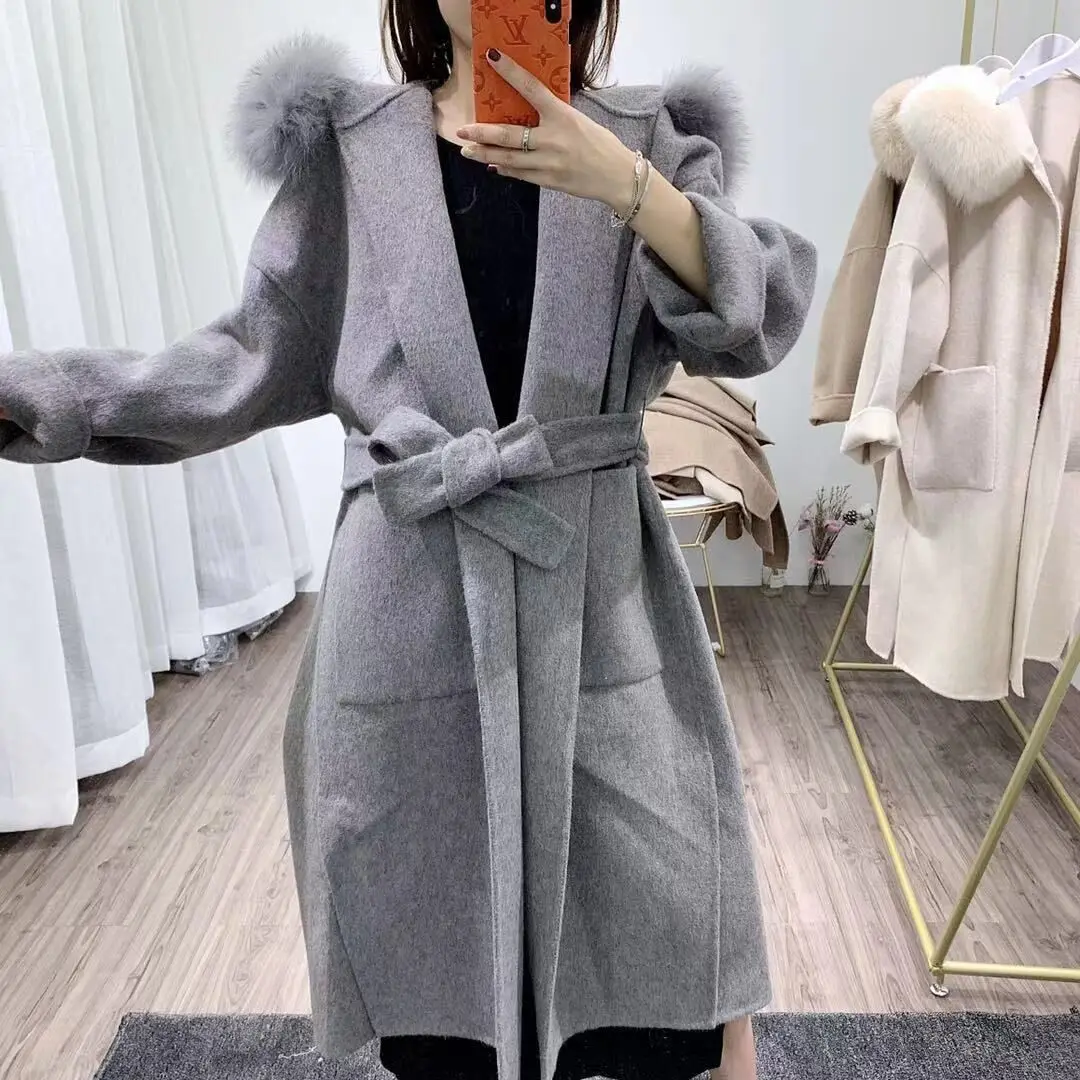 Description Picture 5 of item2023 Winter Women Natural Fox Fur Collar Hood Jacket Real Fur Coat Cashmere Wool Blends x-Long Outerwear Streetwear Korea