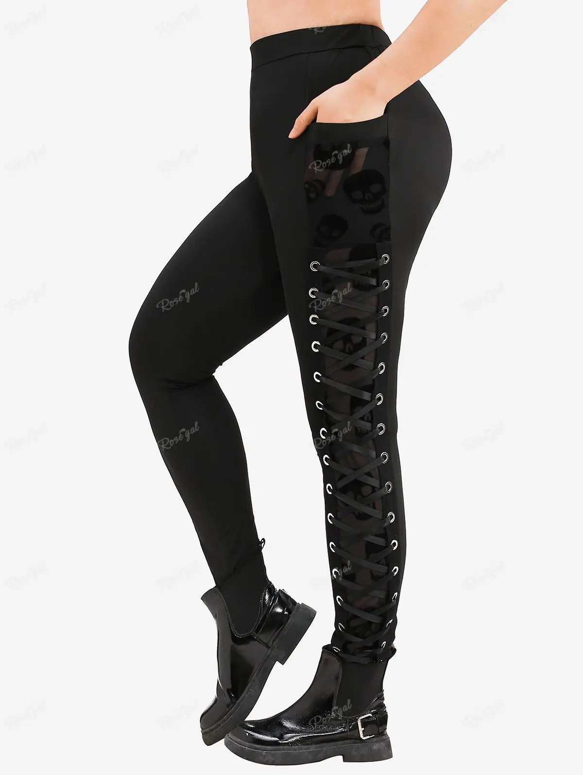 Description Picture 2 of itemROSEGAL Plus Size Skull Grommets Lace Up Leggings Women All Season Streetwear Casual Pencil Pants Black Skinny Trousers Mujer