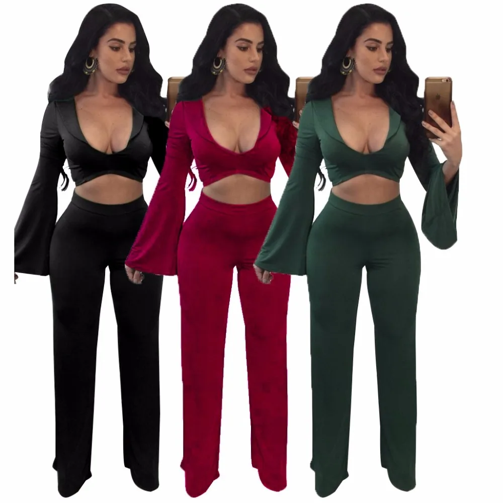 Description Picture 2 of item2019 Spring two piece set Women tracksuit Plus size Sexy Solid color Crop Top Tight cropped tops Long Pant