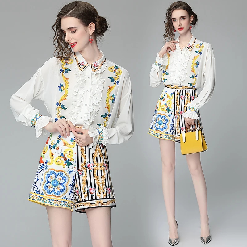 Banulin Summer Runway Flower Print Two-piece Set Women Flare Sleeve Ruffles Shirt Top and Stripe Pocket Shorts Suits Set N56608