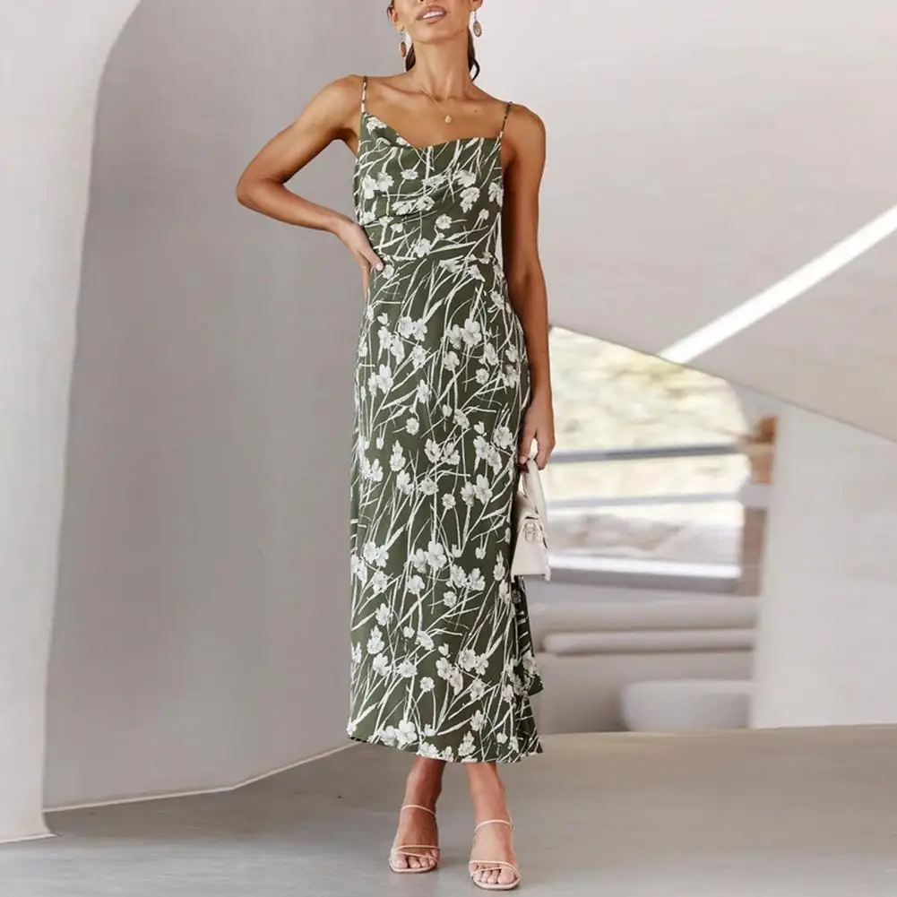 Description Picture 4 of itemSummer Women Sexy Beach Dress Cross Wrap Waist Tight Split Hem Floral Print Sling Midi Dress Vacation Beach Sundresses vestidos