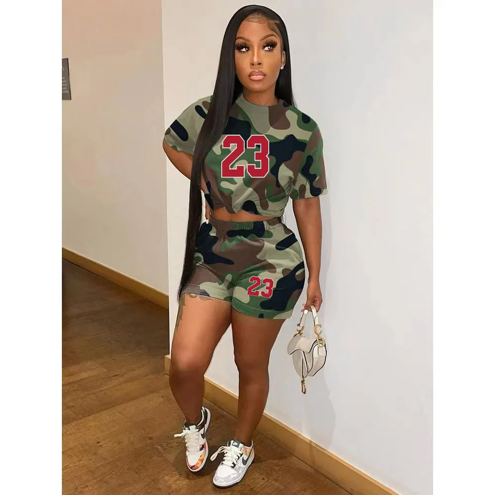 Description Picture 5 of item2023 Top Quality Young Casual Camouflage Free Nature Tracksuit Daily Short Sleeve + Short Pants Slim Women 2 Piece Set