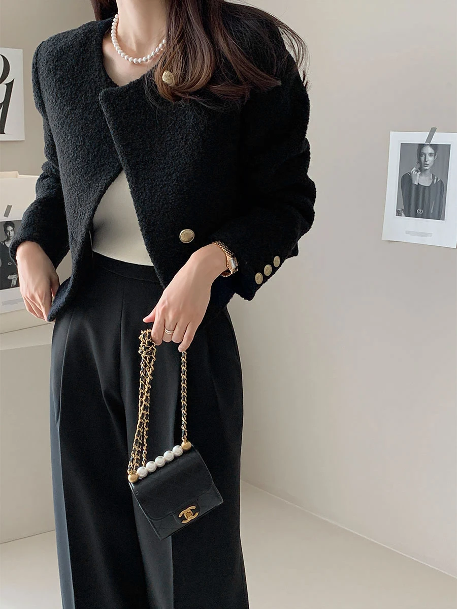 Description Picture 4 of itemJielur Black Winter Chic Pure Color Female Jackets Korean Style Fashion Streetwear O-neck Casual Simple Buttons Slim Women Coats