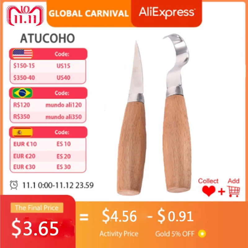 New Stainless Steel Woodcarving Cutter Woodwork Sculptural DIY Wood Handle Spoon Carving Knife Woodcut Tools Kit