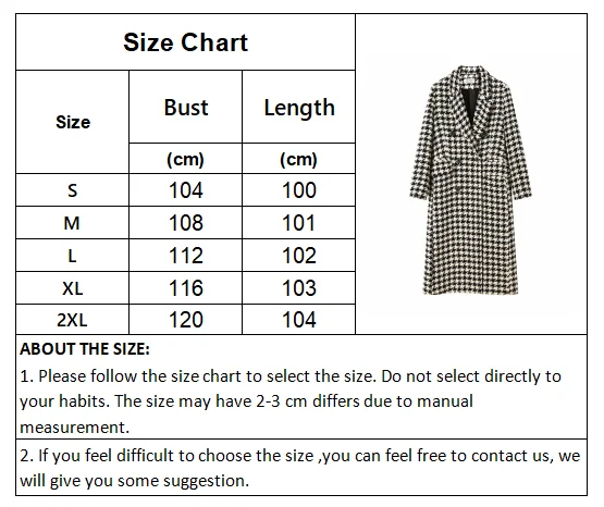 Description Picture 2 of itemHoundstooth Coat Women Vintage Faux Wool Overcoat Female Autumn Winter Thick Warm Jacket Ladies Korean Fashion Long Blend Coats