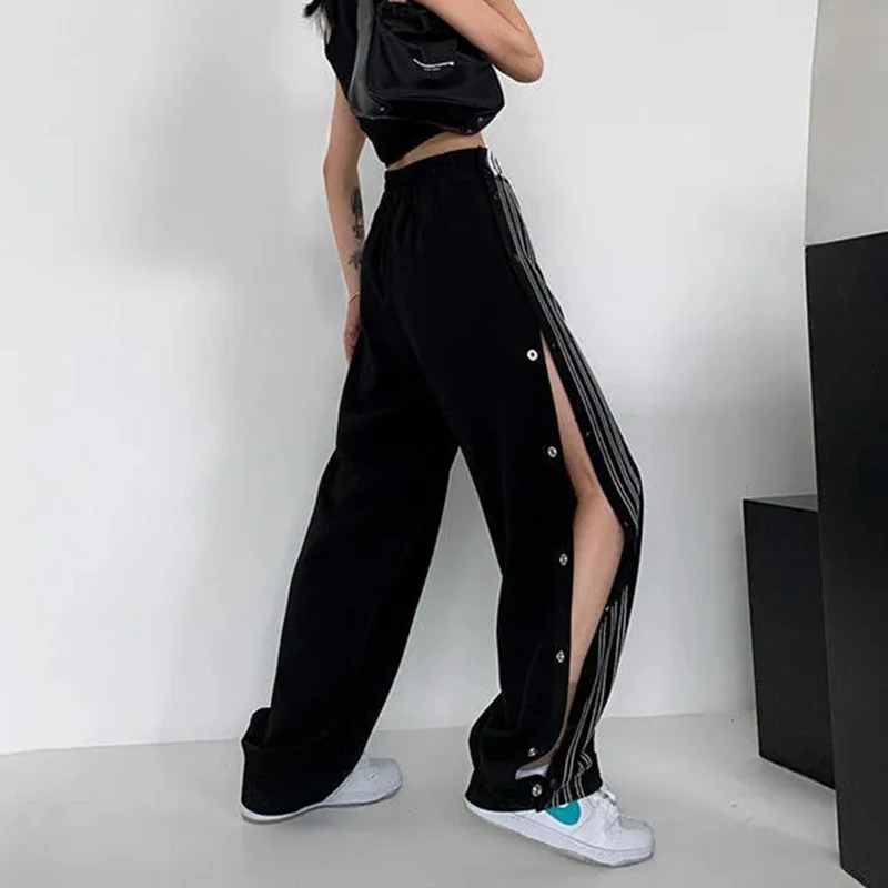 Description Picture 4 of itemGidyq Summer Striped Wide Leg Pants Women Fashion Breasted Loose Sweatpants Y2K Streetwear Female High Waist Straight Trousers