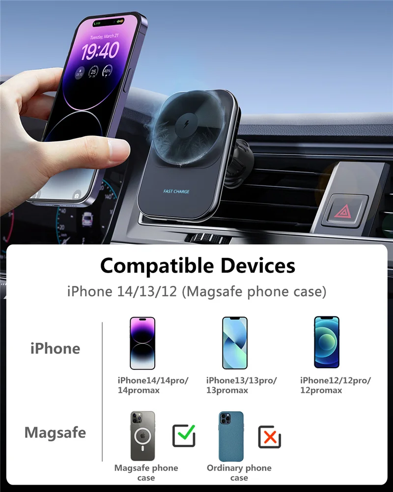 Magnetic Car Wireless Charger Car Phone Holer Mount Ice Cold 15W Fast Charging Station for Macsafe iPhone 14 13 12 Pro Max Mini