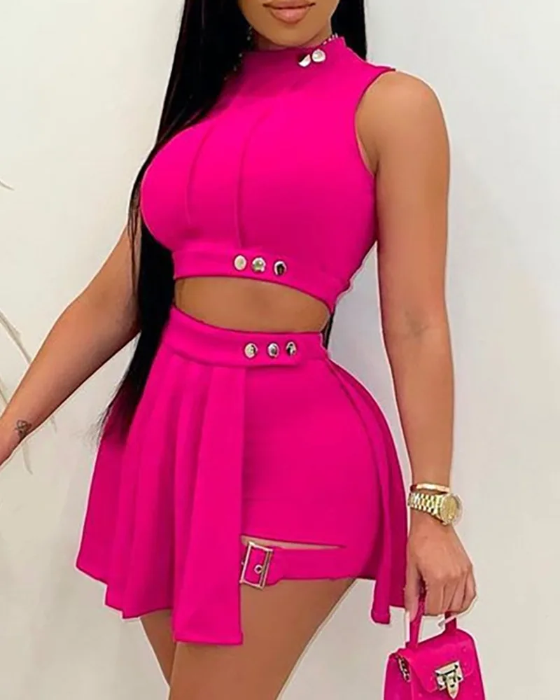 Description Picture 6 of itemSummer Women 2 Pieces Sets O-Neck Sleeveless Crop Top & Buckled Shorts Skirt Set Female Sexy Ruched Bottom Design Hakama Suits
