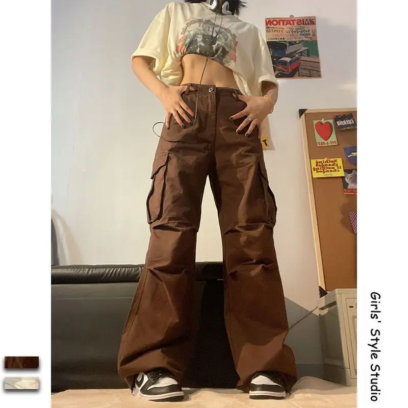 Deeptown Vintage Brown Parachute Pants Women Casual White Cargo Trousers Streetwear Harajuku Oversized Female Korean Fashion New